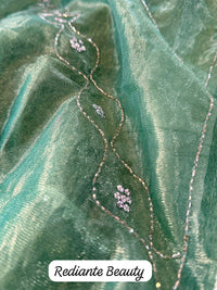 Emerald Green Organza Silk Saree with Silver Cutdana & Sequins Stripes