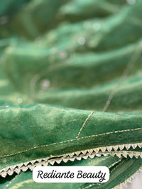 Emerald Green Organza Silk Saree with Silver Cutdana & Sequins Stripes