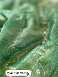 Emerald Green Organza Silk Saree with Silver Cutdana & Sequins Stripes