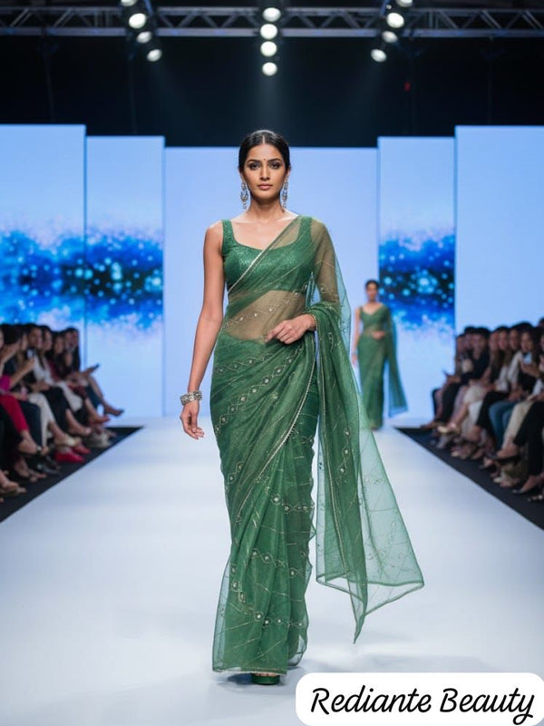 Emerald Green Organza Silk Saree with Silver Cutdana & Sequins Stripes