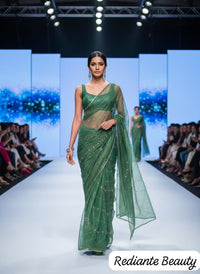 Emerald Green Organza Silk Saree with Silver Cutdana & Sequins Stripes