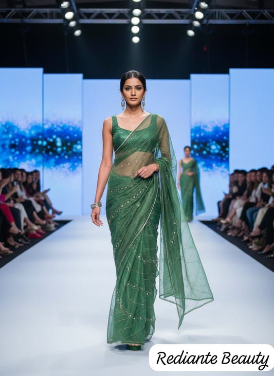 Emerald Green Organza Silk Saree with Silver Cutdana & Sequins Stripes