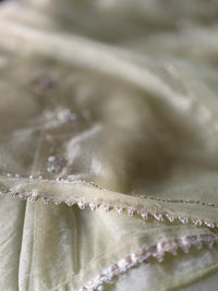 Lime Green Organza Silk Saree with Silver Cutdana & Sequins Stripes