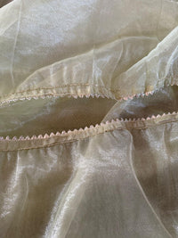 Lime Green Organza Silk Saree with Silver Cutdana & Sequins Stripes