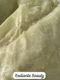 Lime Green Organza Silk Saree with Silver Cutdana & Sequins Stripes