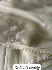 Lime Green Organza Silk Saree with Silver Cutdana & Sequins Stripes