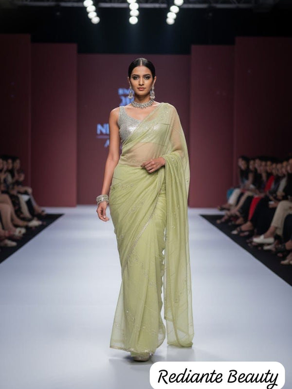 Lime Green Organza Silk Saree with Silver Cutdana & Sequins Stripes