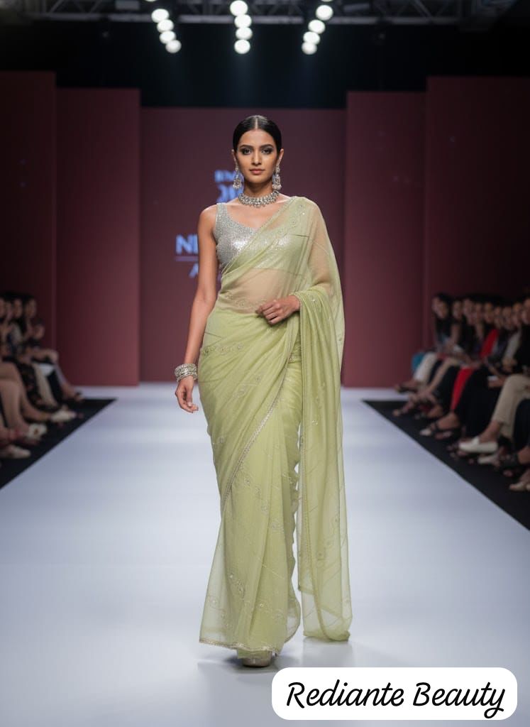 Lime Green Organza Silk Saree with Silver Cutdana & Sequins Stripes
