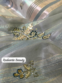 Pastel Green Tissue Organza Saree with Gold Zari & Floral Embroidery