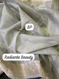 Pastel Green Tissue Organza Saree with Gold Zari & Floral Embroidery