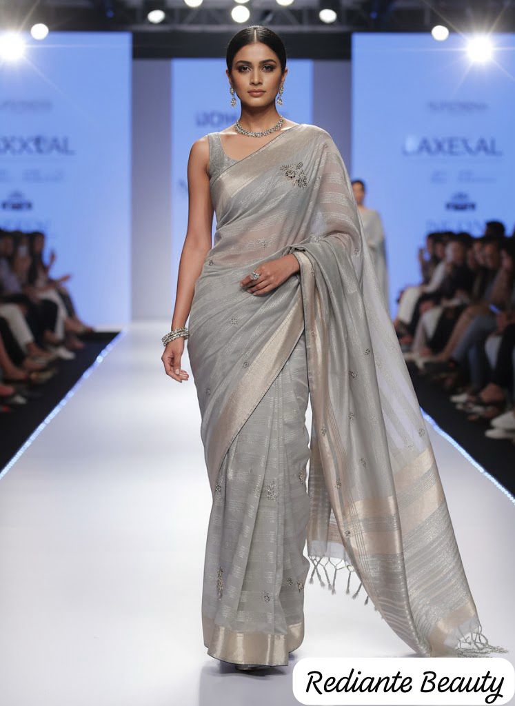 Pastel Green Tissue Organza Saree with Gold Zari & Floral Embroidery