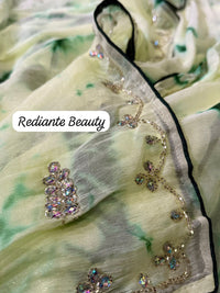 Green & Lemon Yellow Tie-Dye Chiffon Saree with Crystal Embroidery