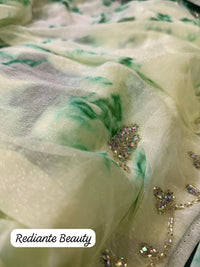 Green & Lemon Yellow Tie-Dye Chiffon Saree with Crystal Embroidery