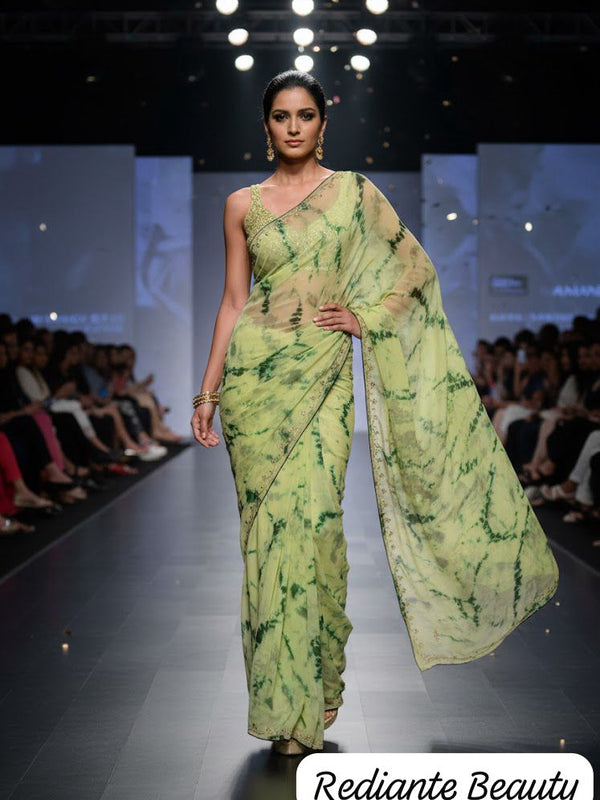 Green & Lemon Yellow Tie-Dye Chiffon Saree with Crystal Embroidery