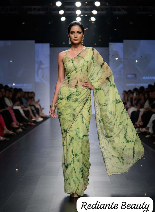 Green & Lemon Yellow Tie-Dye Chiffon Saree with Crystal Embroidery