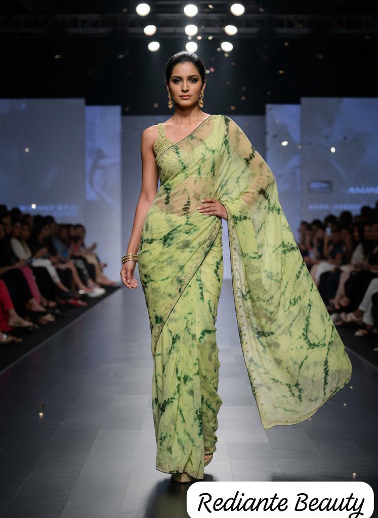 Green & Lemon Yellow Tie-Dye Chiffon Saree with Crystal Embroidery