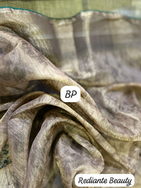 Golden Brown Floral Tissue Organza Saree with Pearl & Cutdana Embroidery