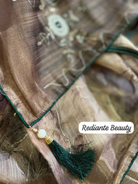 Golden Brown Floral Tissue Organza Saree with Pearl & Cutdana Embroidery