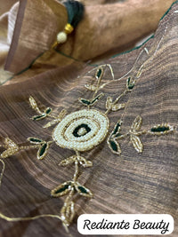 Golden Brown Floral Tissue Organza Saree with Pearl & Cutdana Embroidery