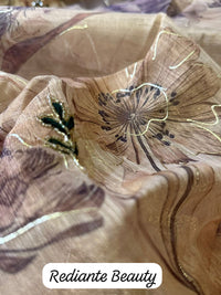 Golden Brown Floral Tissue Organza Saree with Pearl & Cutdana Embroidery