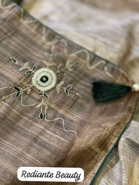 Golden Brown Floral Tissue Organza Saree with Pearl & Cutdana Embroidery