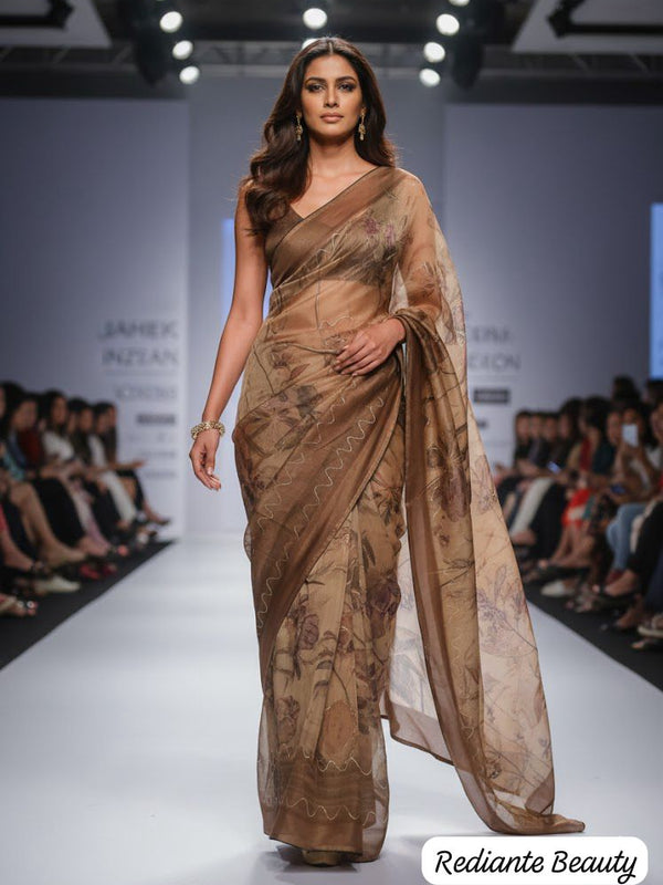 Golden Brown Floral Tissue Organza Saree with Pearl & Cutdana Embroidery