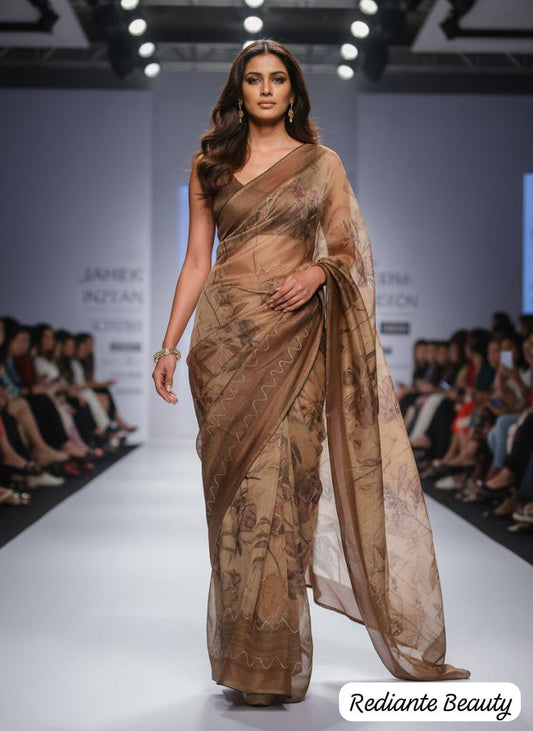 Golden Brown Floral Tissue Organza Saree with Pearl & Cutdana Embroidery