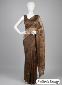 Golden Brown Floral Tissue Organza Saree with Pearl & Cutdana Embroidery