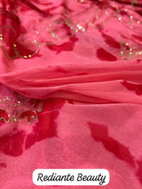 Rose Pink & Red Tie-Dye Chinon Saree with Silver Embroidery