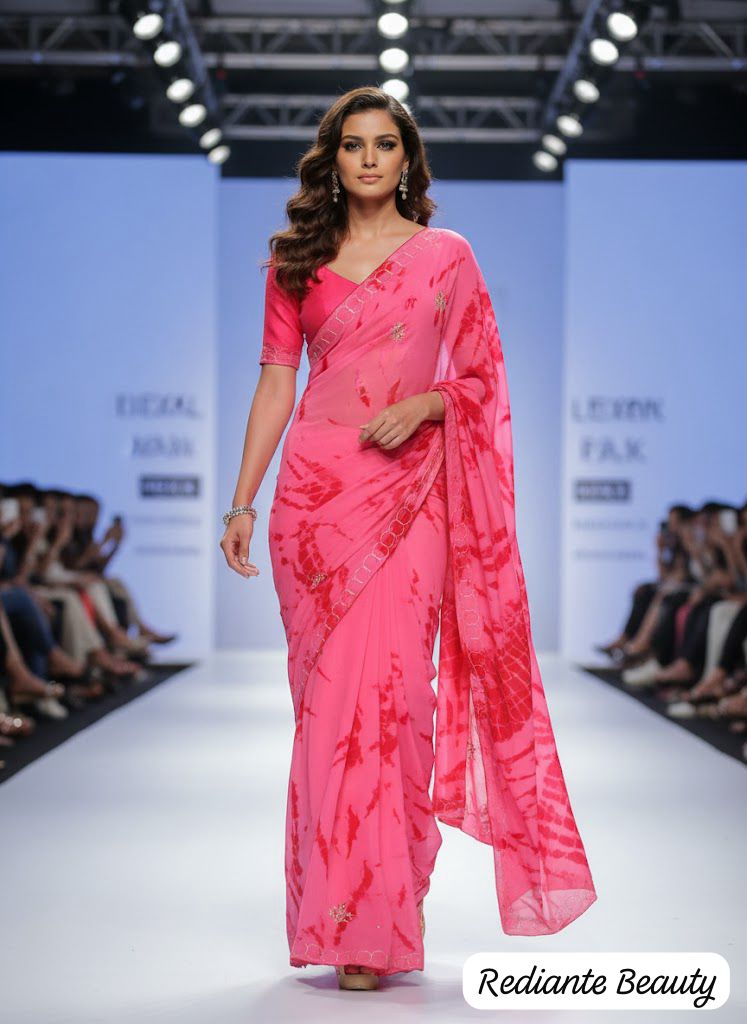 Rose Pink & Red Tie-Dye Chinon Saree with Silver Embroidery