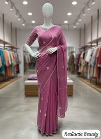 Royal Pink Georgette Saree with Silver Embroidery