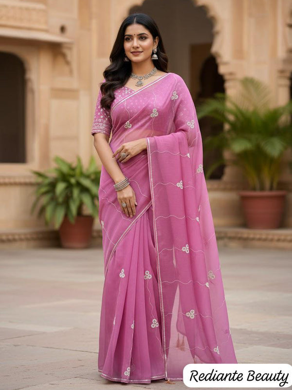Royal Pink Georgette Saree with Silver Embroidery