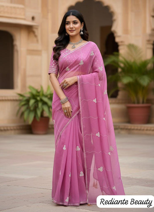 Royal Pink Georgette Saree with Silver Embroidery