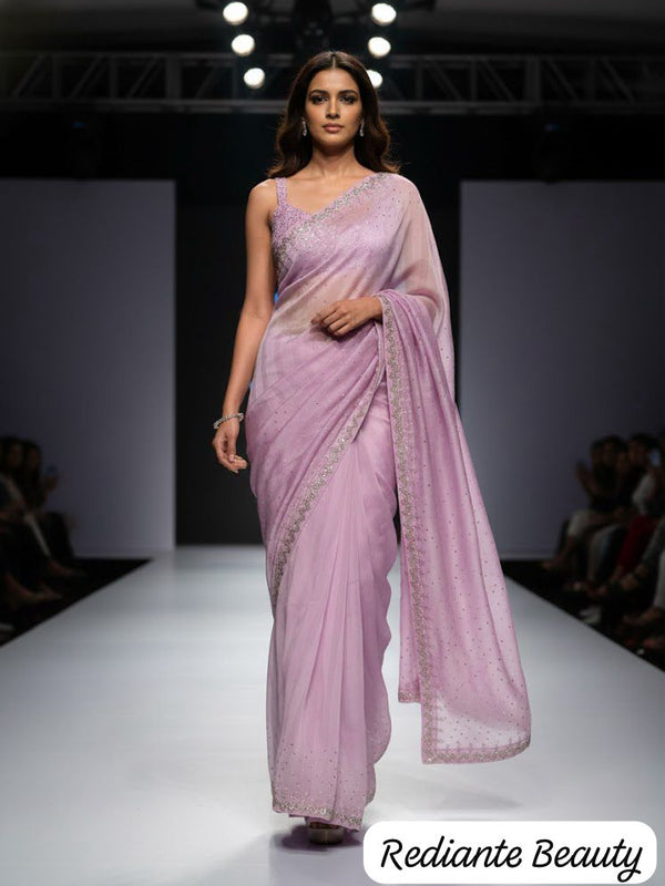 Radiant Lavender Dream Chiffon Saree – Silver Zari & Rhinestone Elegance