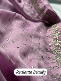 Radiant Lavender Dream Chiffon Saree – Silver Zari & Rhinestone Elegance