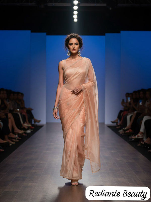 Eternal Peach Glow Tissue Organza Saree – Silver Pearl & Sequins Embellishment
