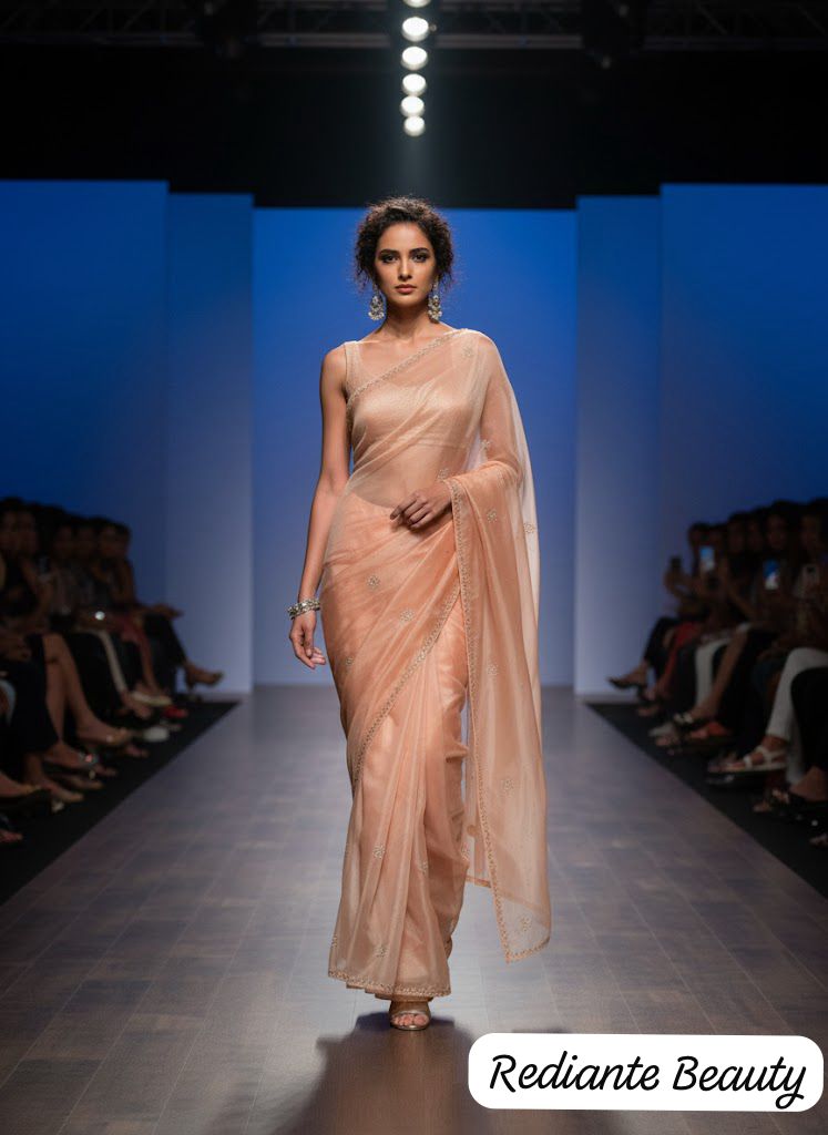 Eternal Peach Glow Tissue Organza Saree – Silver Pearl & Sequins Embellishment