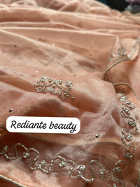 Eternal Peach Glow Tissue Organza Saree – Silver Pearl & Sequins Embellishment