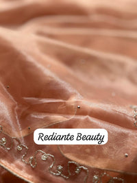 Eternal Peach Glow Tissue Organza Saree – Silver Pearl & Sequins Embellishment