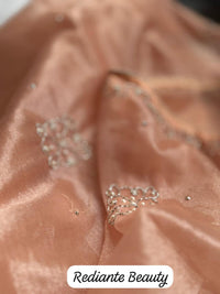 Eternal Peach Glow Tissue Organza Saree – Silver Pearl & Sequins Embellishment