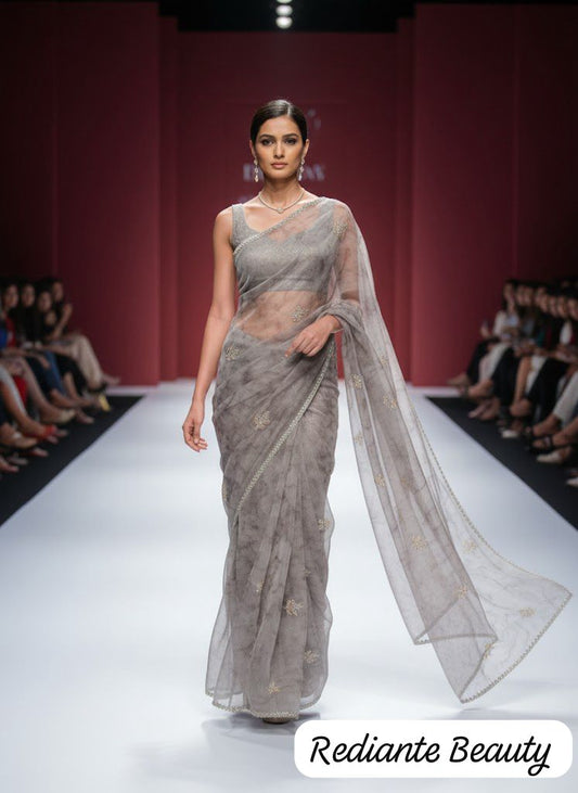 Celestial Steel Elegance Tissue Organza Saree – Aurora Rhinestone & Silver Bead Detailing