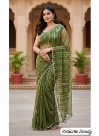 Enchanted Leheriya Bloom Georgette Saree – Silver Mirror & Cut Dana Embellishment