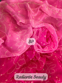 Shaded Rose Blush Bandhani Georgette Saree – Silver Cut Dana & Pink Beaded Detailing