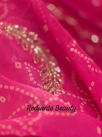 Shaded Rose Blush Bandhani Georgette Saree – Silver Cut Dana & Pink Beaded Detailing