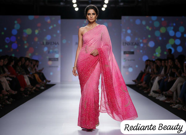 Shaded Rose Blush Bandhani Georgette Saree – Silver Cut Dana & Pink Beaded Detailing