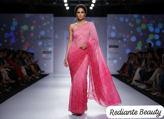 Shaded Rose Blush Bandhani Georgette Saree – Silver Cut Dana & Pink Beaded Detailing