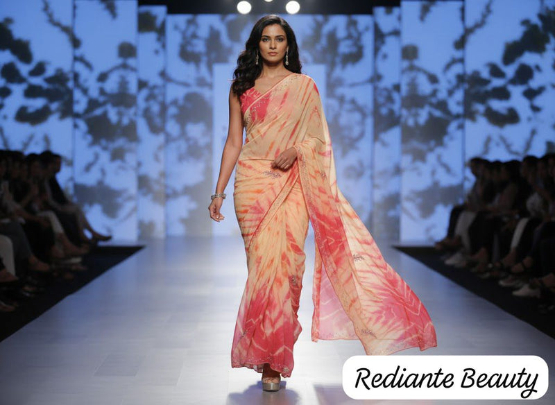 Golden Saffron Radiance Georgette Saree – Silver Cut Dana & Beaded Leaf Embroidery