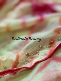 Golden Saffron Radiance Georgette Saree – Silver Cut Dana & Beaded Leaf Embroidery