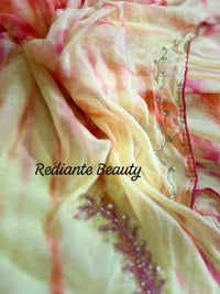 Golden Saffron Radiance Georgette Saree – Silver Cut Dana & Beaded Leaf Embroidery