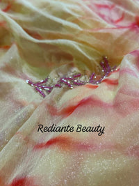 Golden Saffron Radiance Georgette Saree – Silver Cut Dana & Beaded Leaf Embroidery